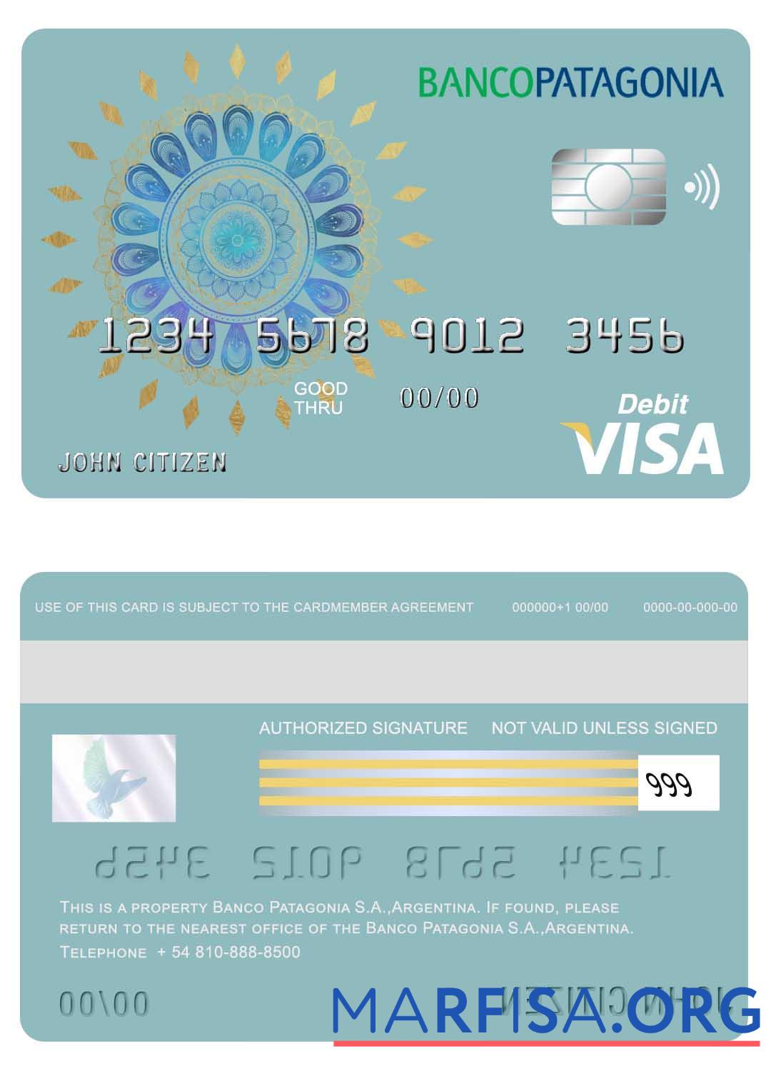 Downloadable Argentina Banco Patagonia S.A. bank visa card example